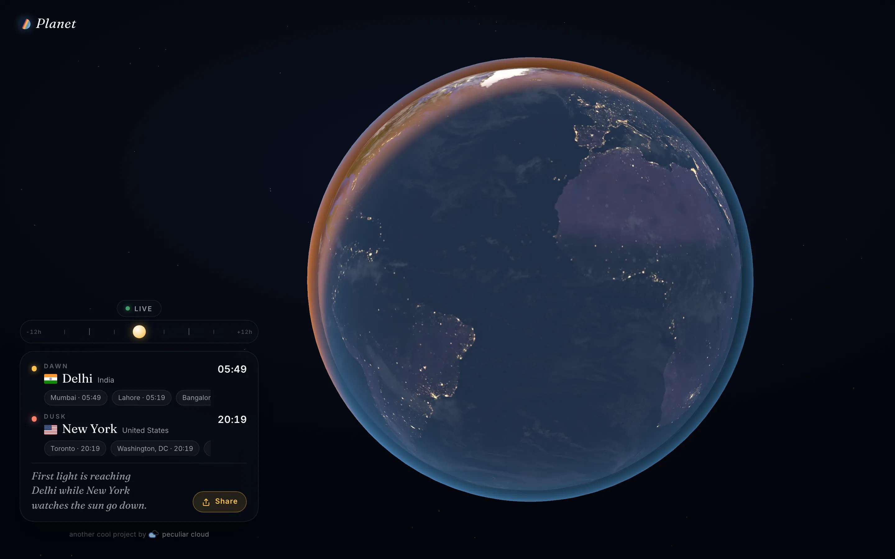 A photoreal globe at night showing the day/night terminator and city lights, with the cities at dawn and dusk listed beside a timeline.
