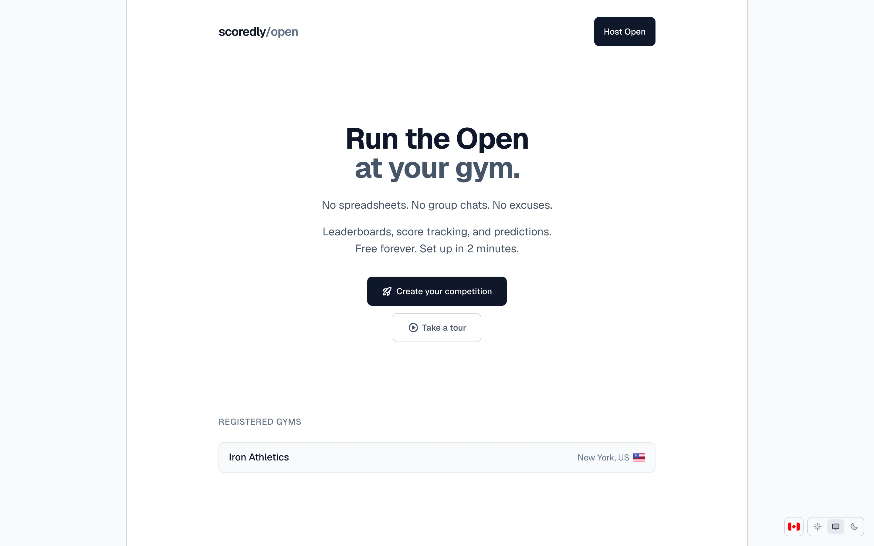 The Scoredly Open landing page: “Run the Open at your gym” with leaderboards, score tracking, and predictions — shown with a seeded demo gym.