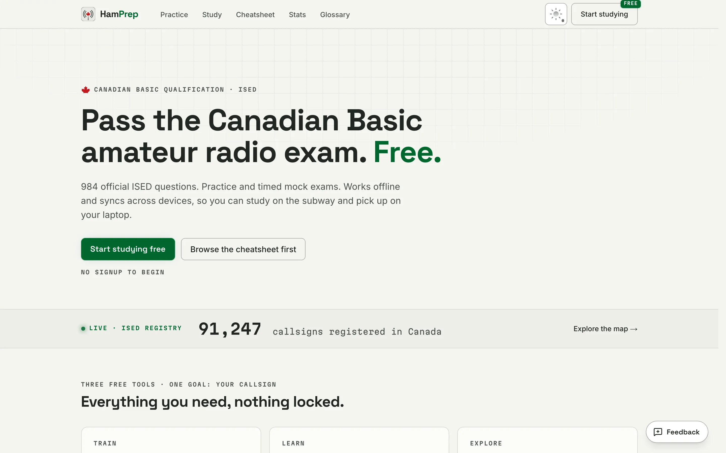 The HamPrep landing page: free Canadian Basic amateur-radio exam practice with official ISED questions and a live count of registered Canadian callsigns.