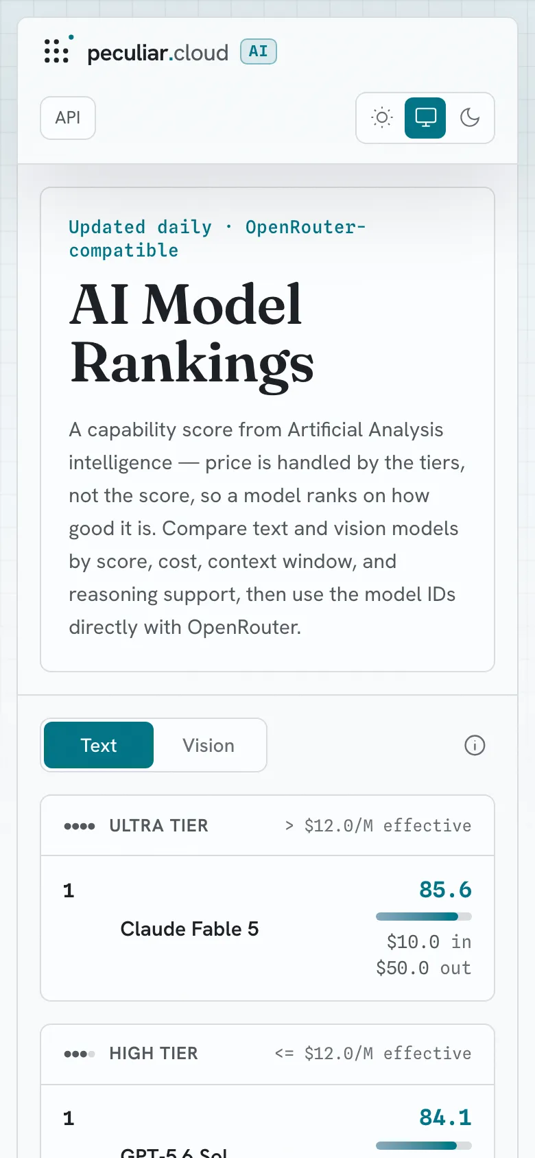 The AI model rankings dashboard on a phone: text models ranked within price tiers.