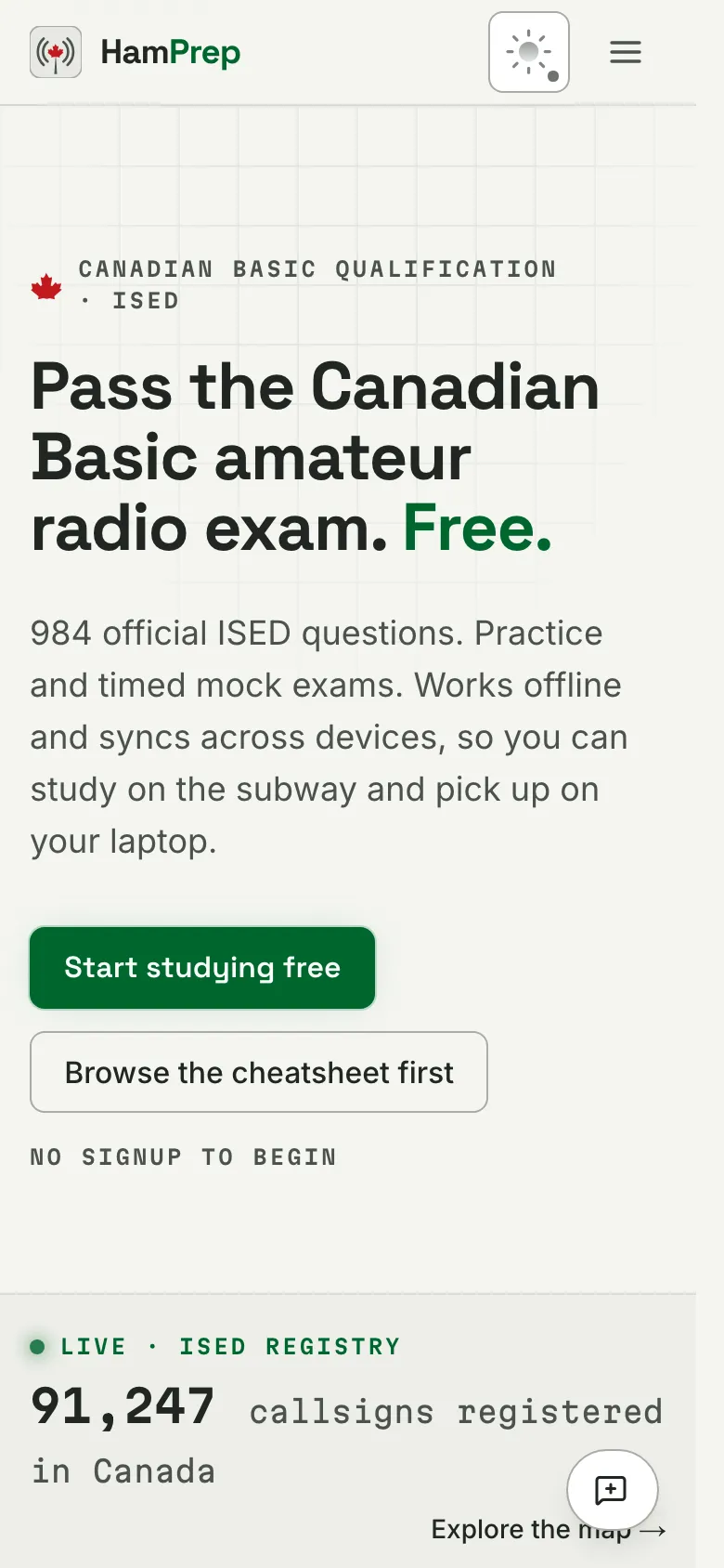 HamPrep on a phone: free Canadian Basic exam practice with official ISED questions.